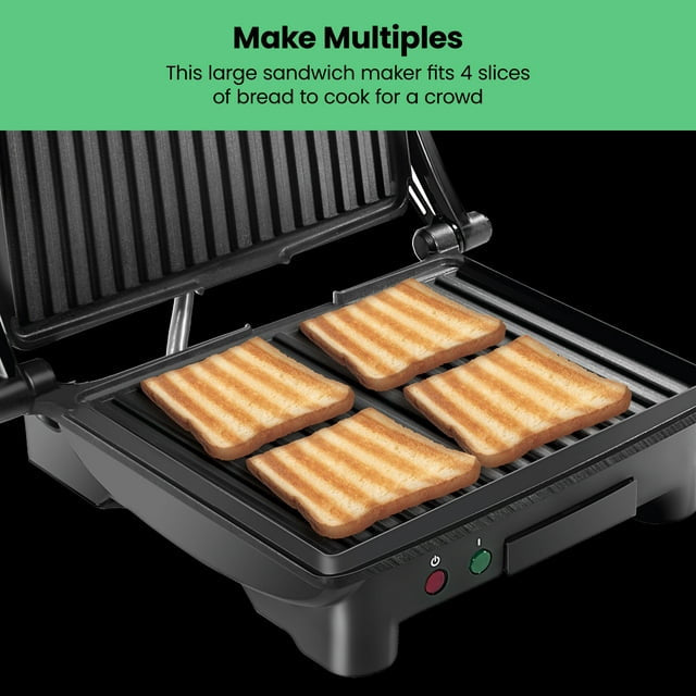 3-in-1 Electric Panini Press & Grill, 4-Slice Non-Stick Press, Opens Flat for Grill - Stainless Steel