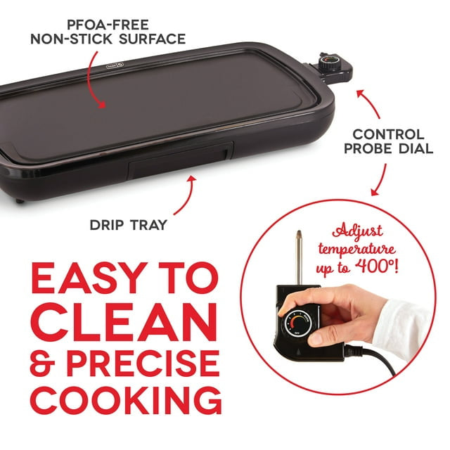 Everyday Nonstick Electric Griddle for Pancakes Burgers, Quesadillas, Eggs & Other on the Go Breakfast, Lunch & Snacks with Drip Tray + Included Recipe Book, 20in, 1500-Watt - Black