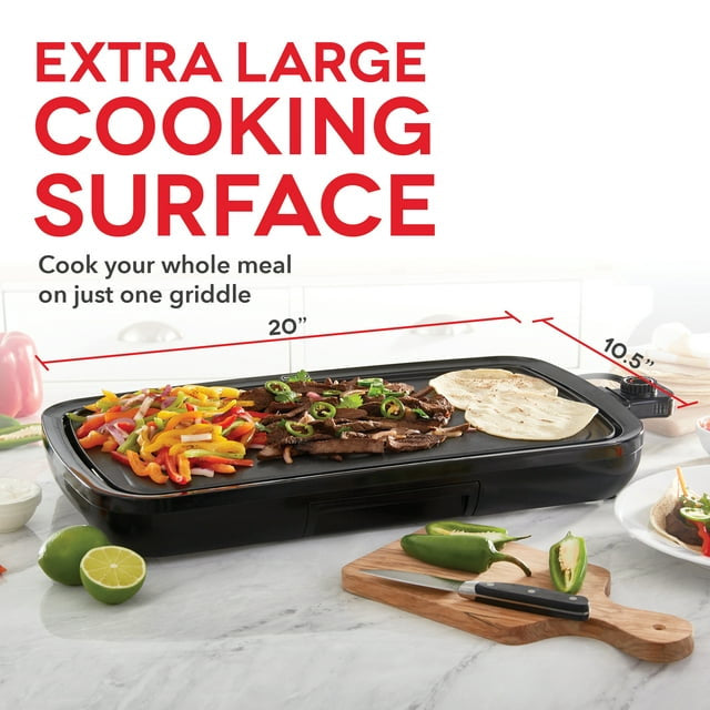 Everyday Nonstick Electric Griddle for Pancakes Burgers, Quesadillas, Eggs & Other on the Go Breakfast, Lunch & Snacks with Drip Tray + Included Recipe Book, 20in, 1500-Watt - Black