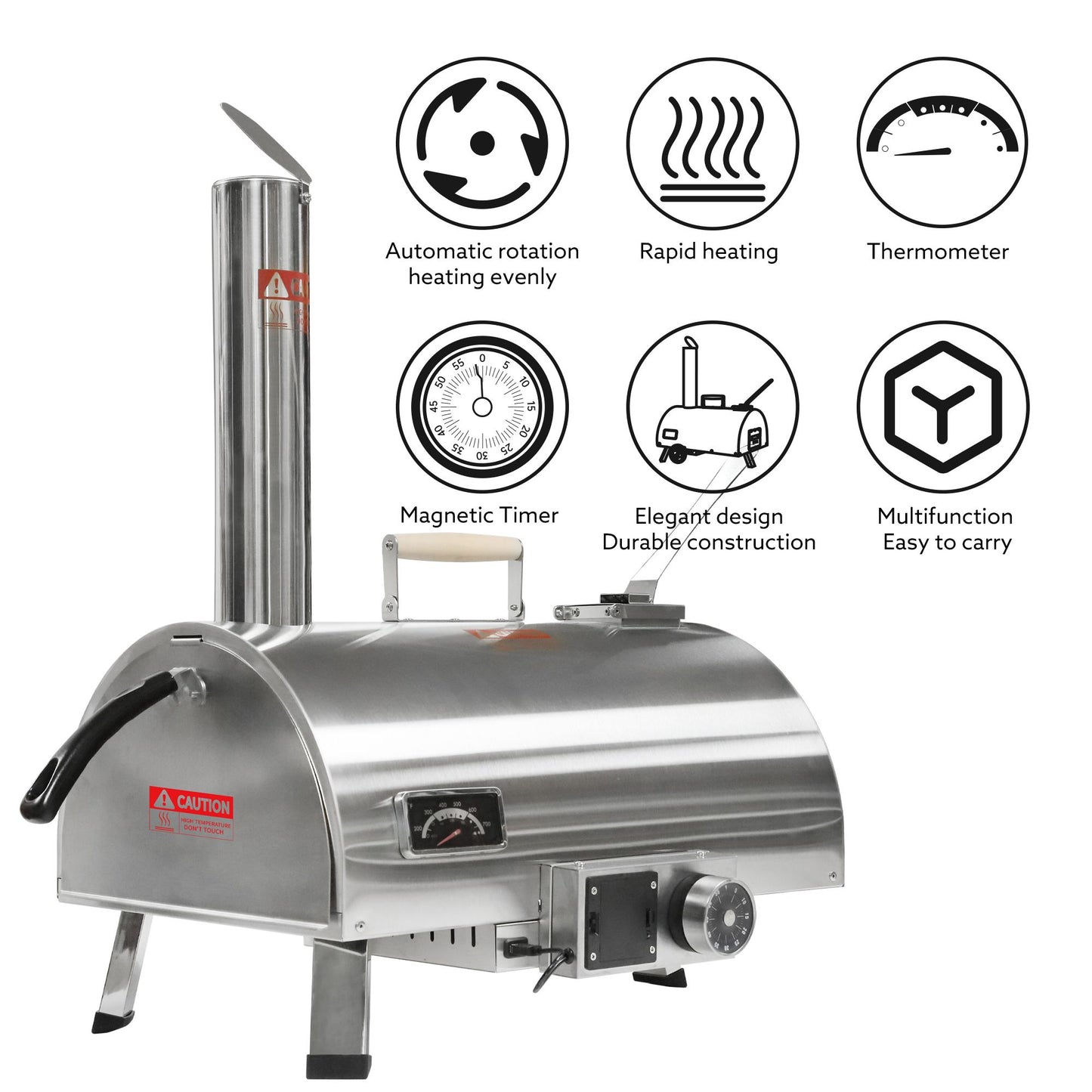 Pizza Oven Outdoor 12" Automatic Rotatable Pizza Ovens Portable Stainless Steel Wood Fired Pizza Oven Pizza Maker with Built-in Thermometer Pizza Cutter Carry Bag