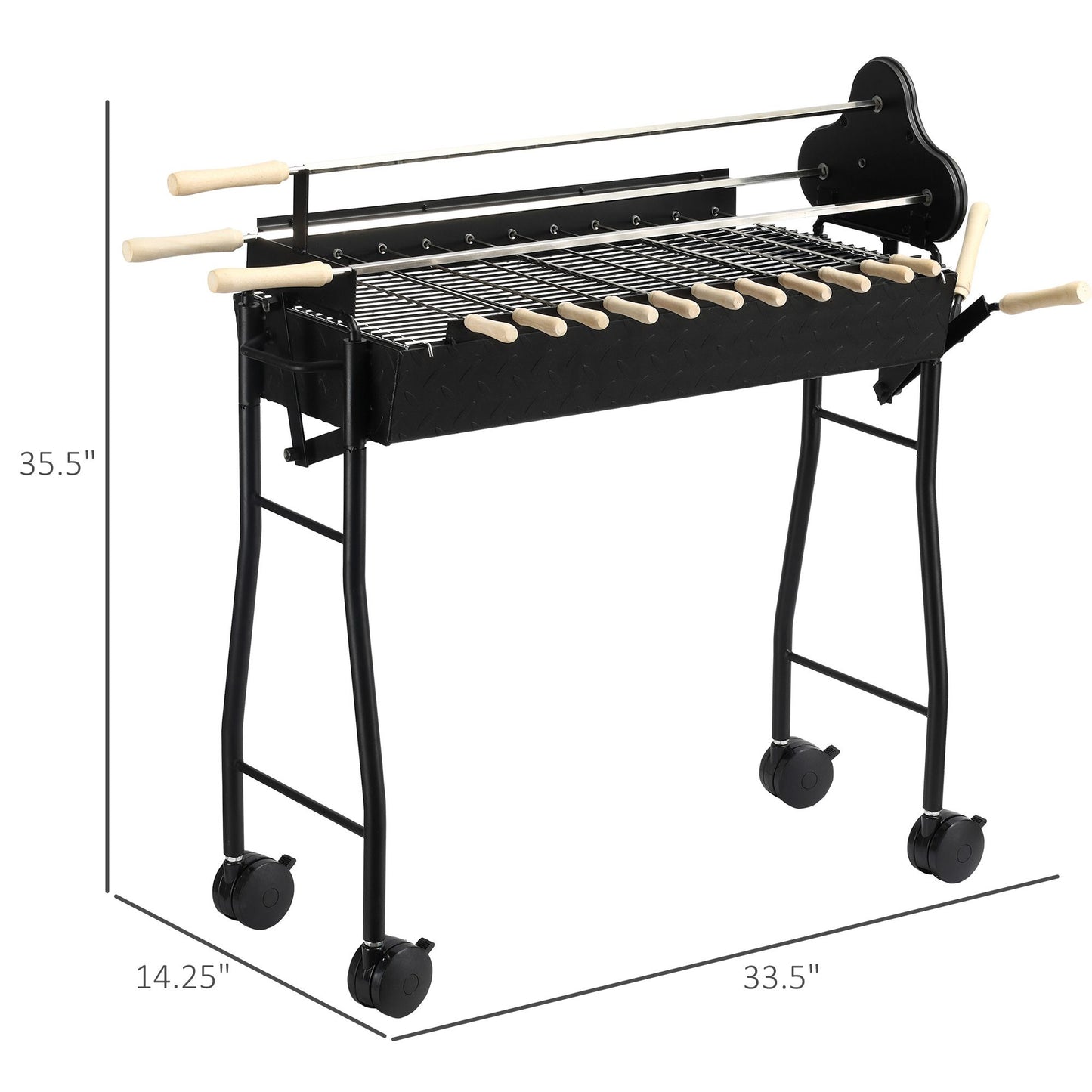 Portable Charcoal BBQ Grills Steel Rotisserie Outdoor Cooking Height Adjustable with 4 Wheels Large / Small Skewers Portability for Patio, Backyard, Black