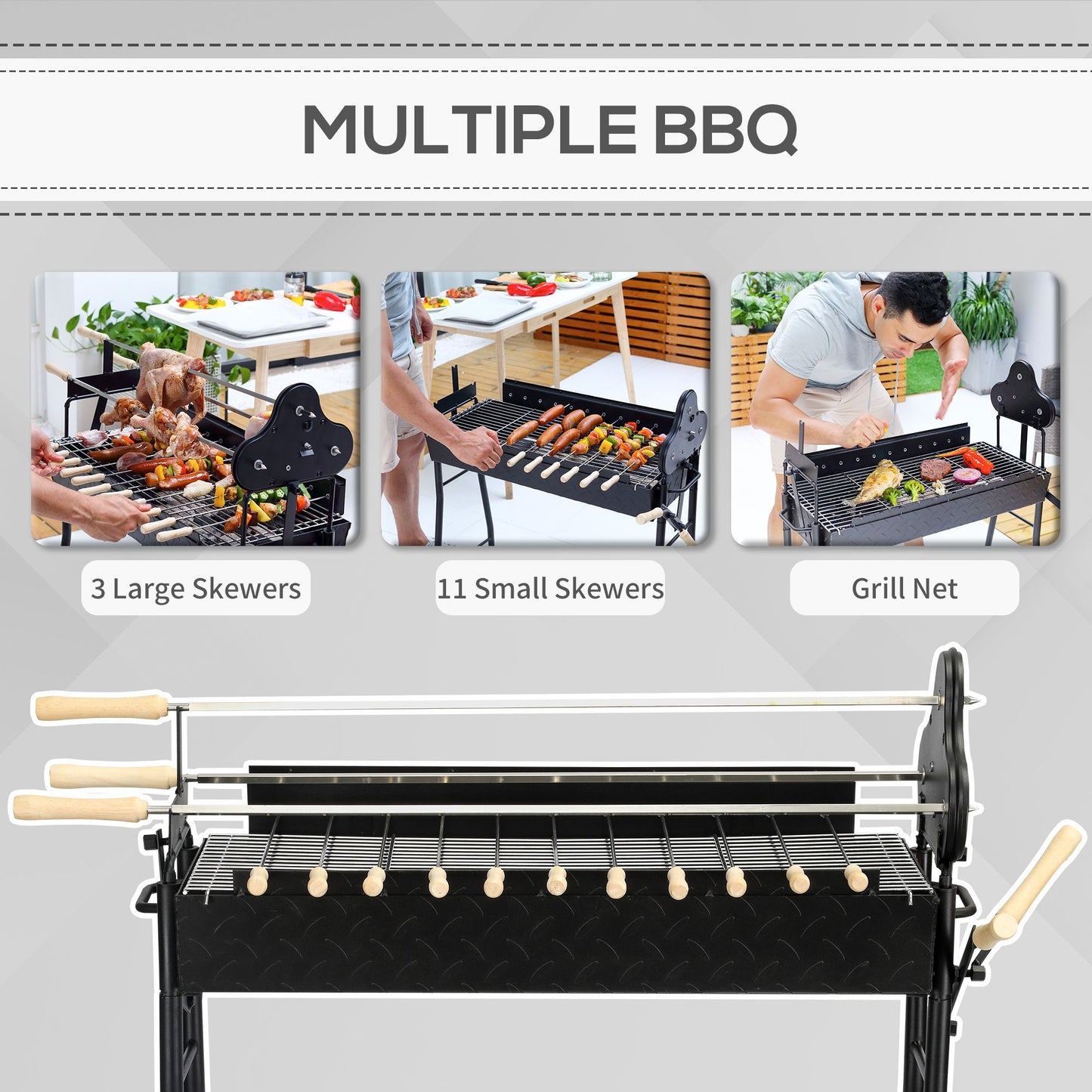 Portable Charcoal BBQ Grills Steel Rotisserie Outdoor Cooking Height Adjustable with 4 Wheels Large / Small Skewers Portability for Patio, Backyard, Black
