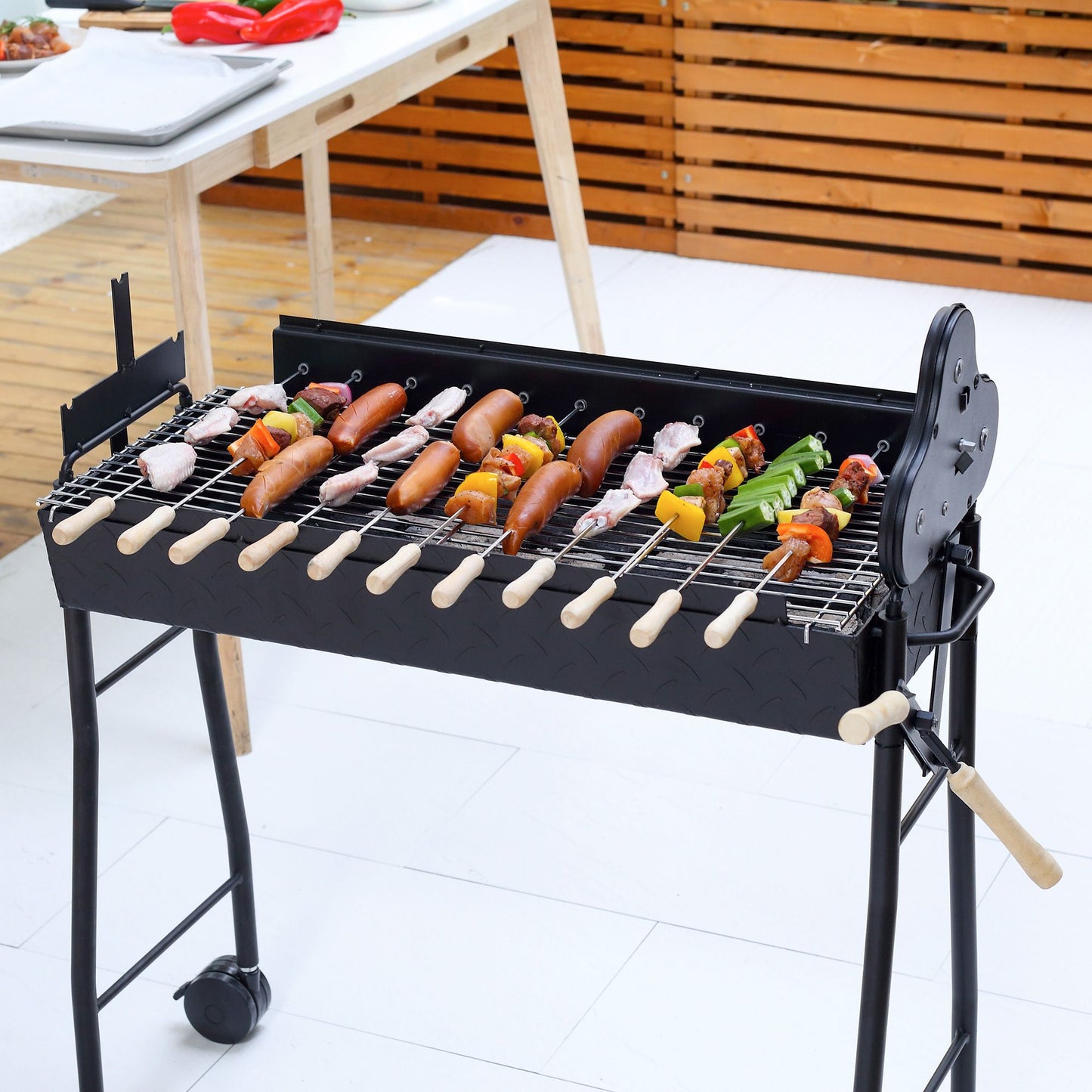 Portable Charcoal BBQ Grills Steel Rotisserie Outdoor Cooking Height Adjustable with 4 Wheels Large / Small Skewers Portability for Patio, Backyard, Black