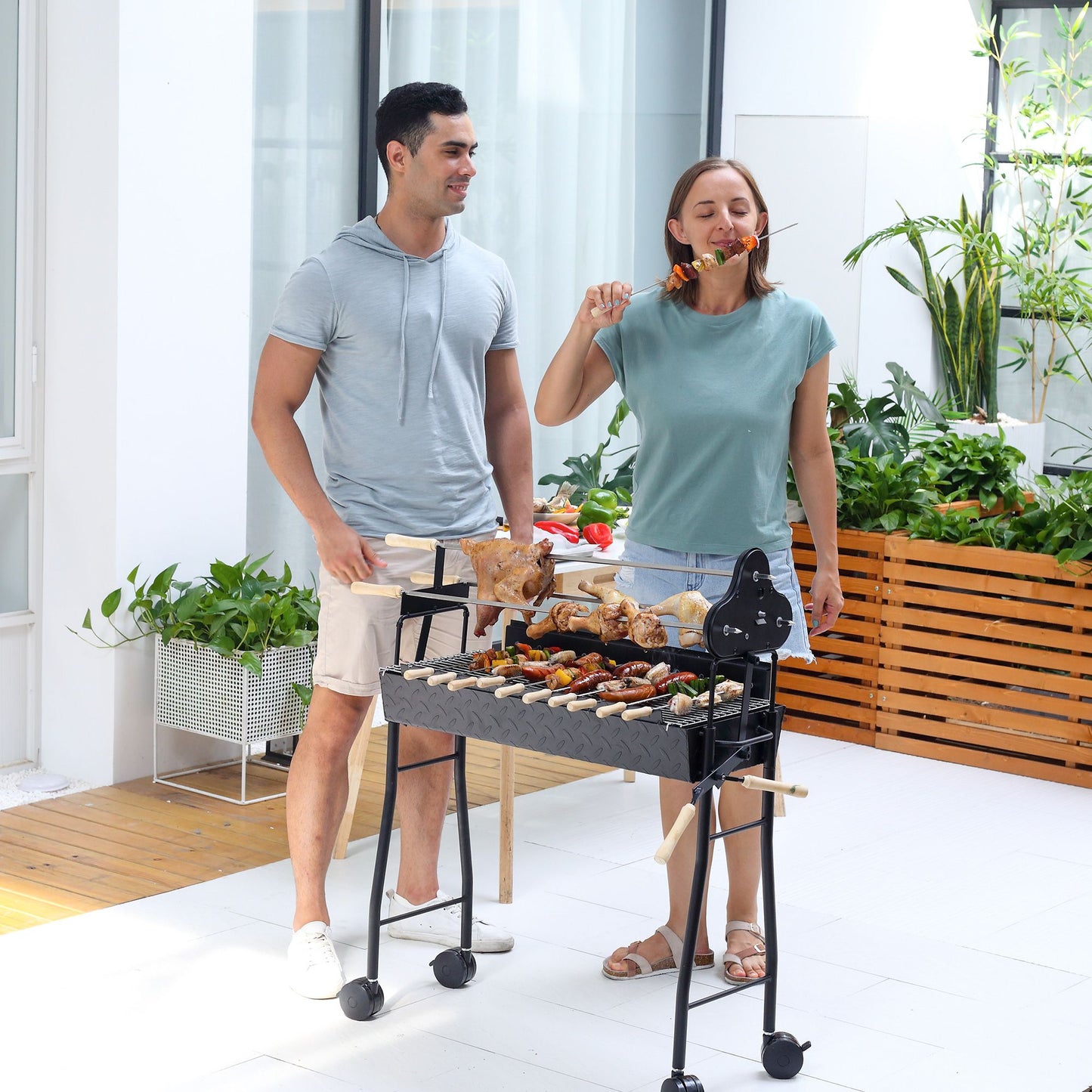 Portable Charcoal BBQ Grills Steel Rotisserie Outdoor Cooking Height Adjustable with 4 Wheels Large / Small Skewers Portability for Patio, Backyard, Black