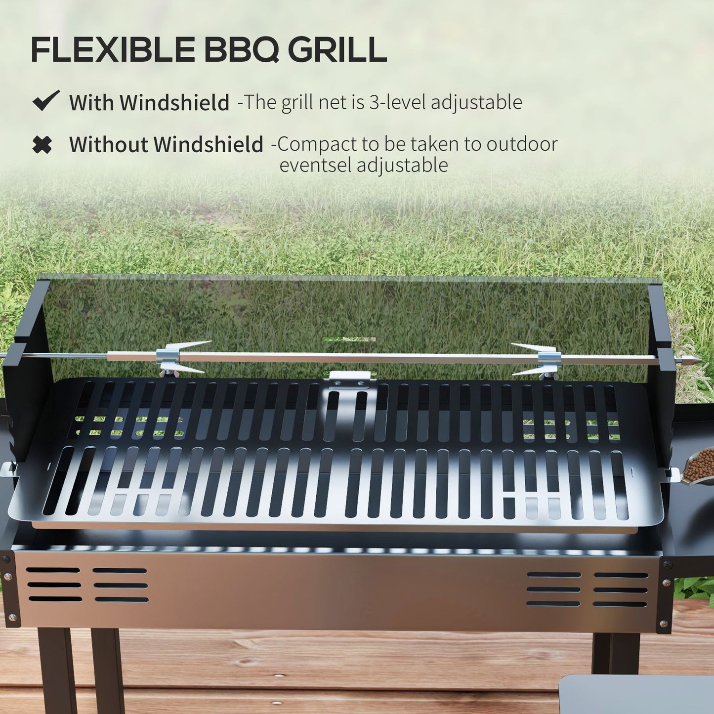 Outsunny BBQ Rotisserie Grill Roaster, Charcoal Split Roaster for Chicken or Turkey with 3-Level Grill Grate, Foldable Storage Shelves, and Wind Deflector, Stainless Steel, Black