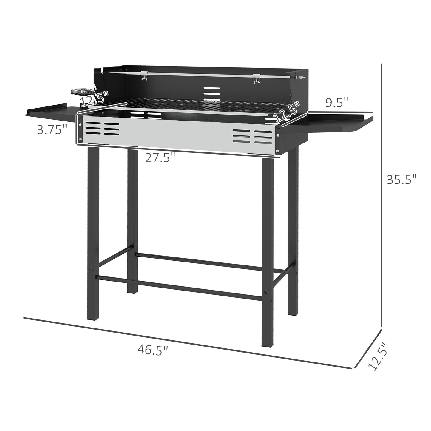 Outsunny BBQ Rotisserie Grill Roaster, Charcoal Split Roaster for Chicken or Turkey with 3-Level Grill Grate, Foldable Storage Shelves, and Wind Deflector, Stainless Steel, Black