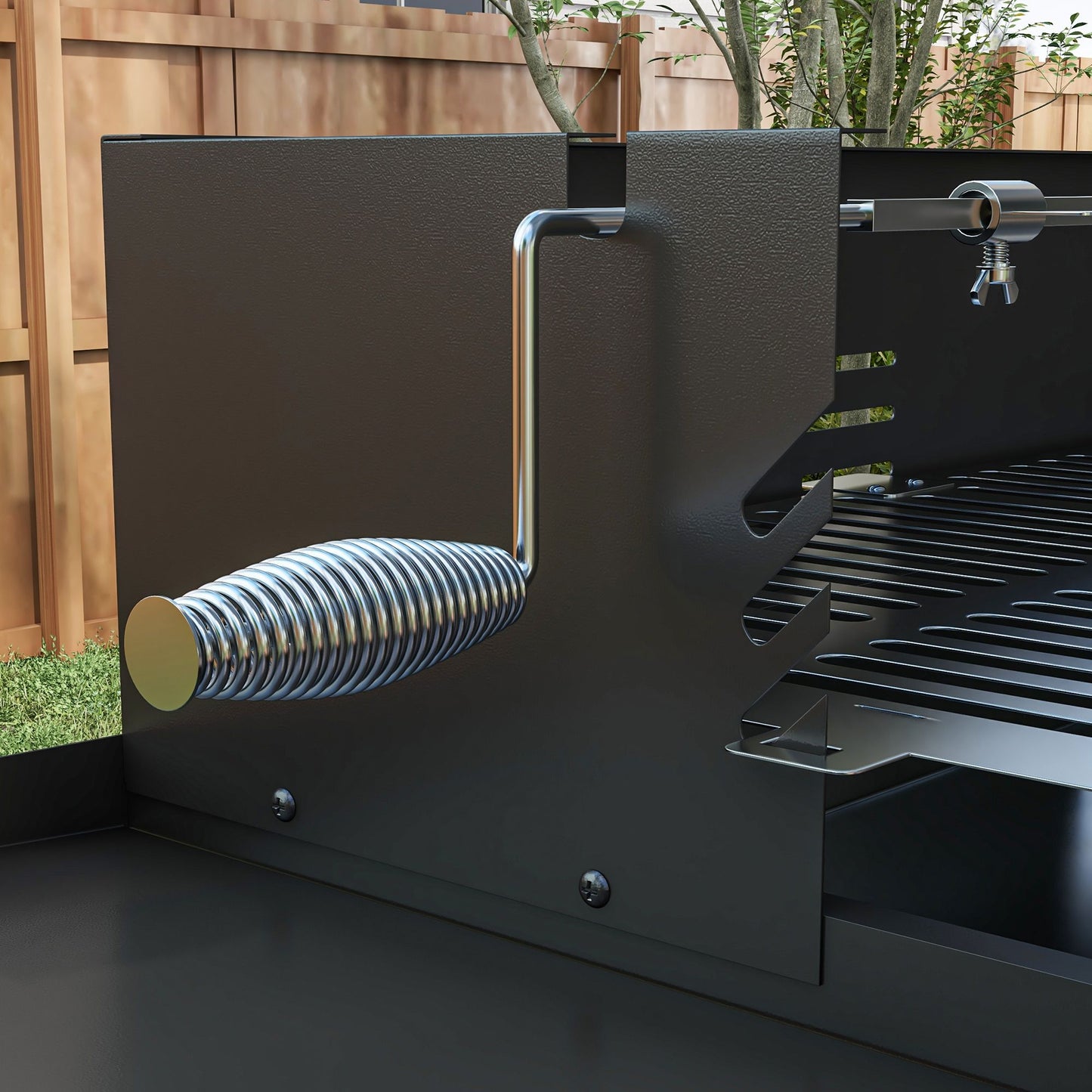 Outsunny BBQ Rotisserie Grill Roaster, Charcoal Split Roaster for Chicken or Turkey with 3-Level Grill Grate, Foldable Storage Shelves, and Wind Deflector, Stainless Steel, Black