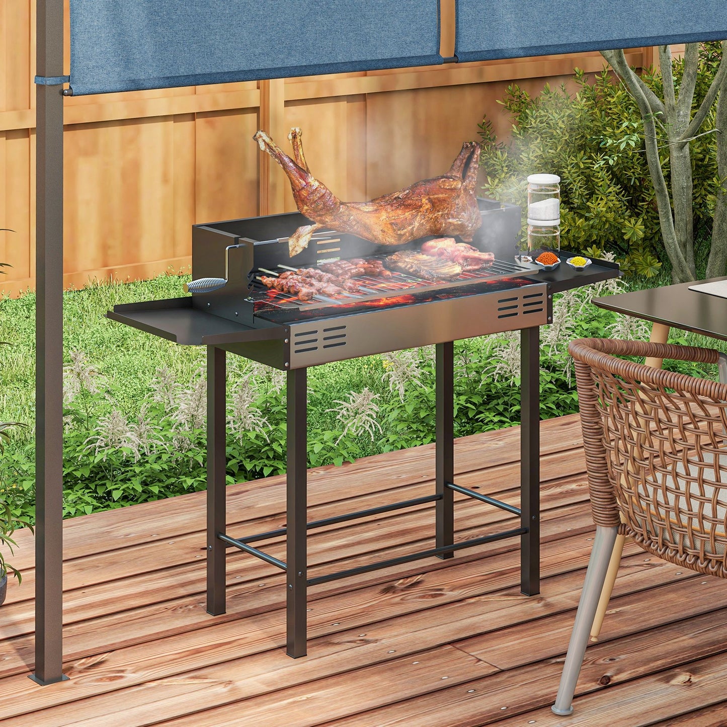 Outsunny BBQ Rotisserie Grill Roaster, Charcoal Split Roaster for Chicken or Turkey with 3-Level Grill Grate, Foldable Storage Shelves, and Wind Deflector, Stainless Steel, Black