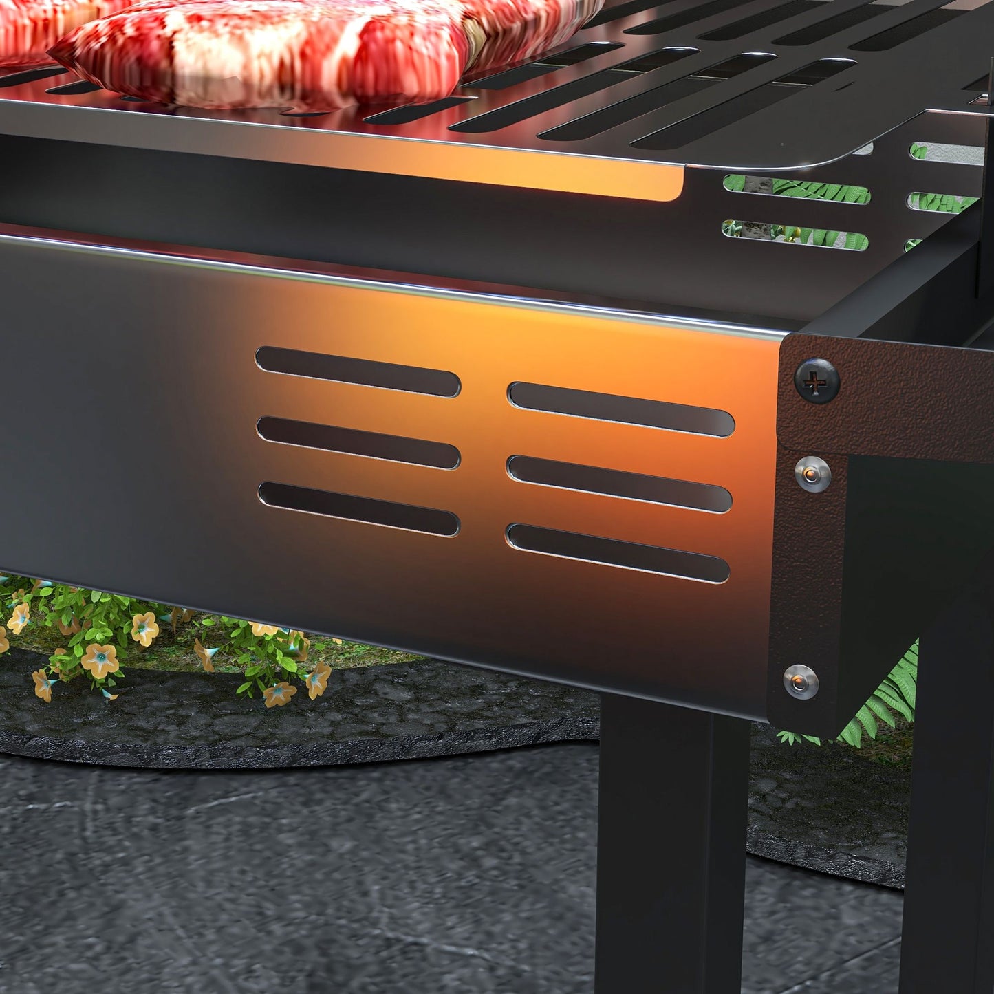 Outsunny BBQ Rotisserie Grill Roaster, Charcoal Split Roaster for Chicken or Turkey with 3-Level Grill Grate, Foldable Storage Shelves, and Wind Deflector, Stainless Steel, Black