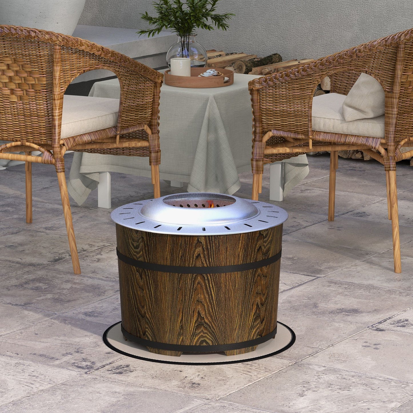 Outsunny Smokeless Fire Pit with Fireproof Mat, 20" Barrel Style Portable Wood Burning Firepit, Magnesium Oxide Low Smoke Camping Bonfire Stove for Backyard, Patio, Picnic, Brown