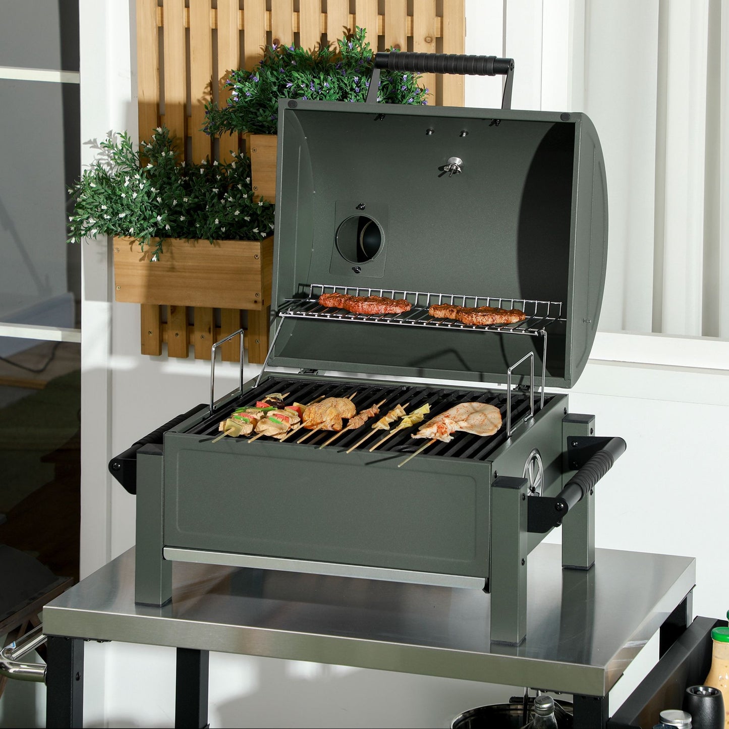 Outsunny Charcoal BBQ Grill with 235 sq.in. Cooking Area, Tabletop Outdoor Barbecue with Ash Catcher and Built-in Thermometer for Patio, Backyard, Camping, Picnic, Dark Green