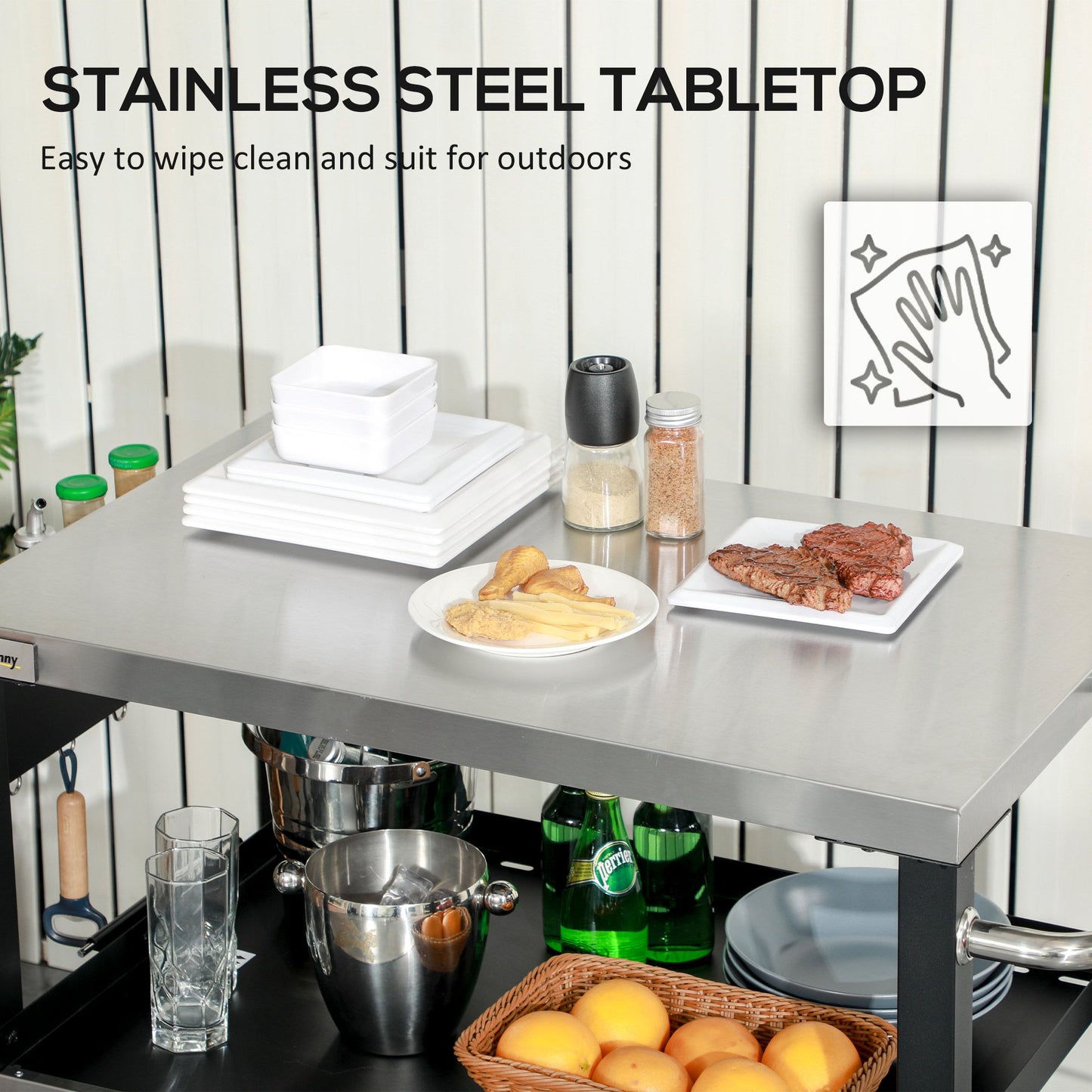 Outsunny Three-Shelf Outdoor Grill Cart with Stainless Steel Tabletop, Side Handle, 32" x 20.5" Multifunctional Pizza Oven Stand, Movable Food Prep Table on Wheels, Black