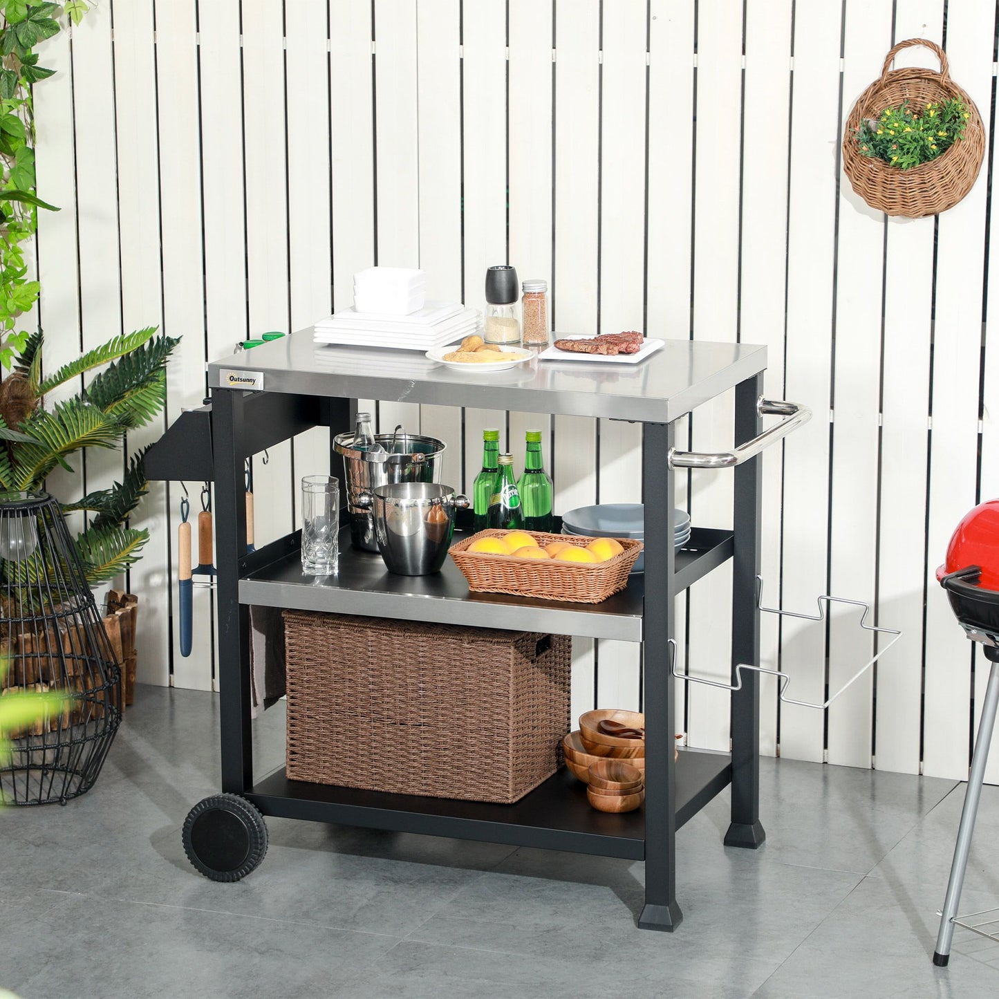 Outsunny Three-Shelf Outdoor Grill Cart with Stainless Steel Tabletop, Side Handle, 32" x 20.5" Multifunctional Pizza Oven Stand, Movable Food Prep Table on Wheels, Black