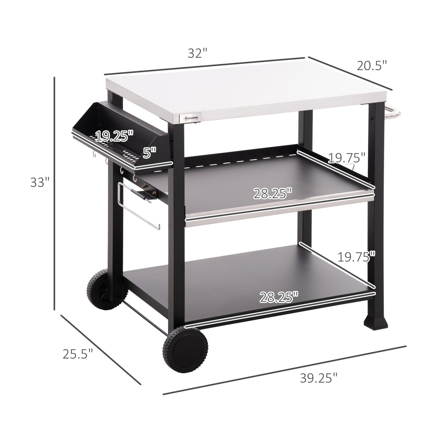 Outsunny Three-Shelf Outdoor Grill Cart with Stainless Steel Tabletop, Side Handle, 32" x 20.5" Multifunctional Pizza Oven Stand, Movable Food Prep Table on Wheels, Black